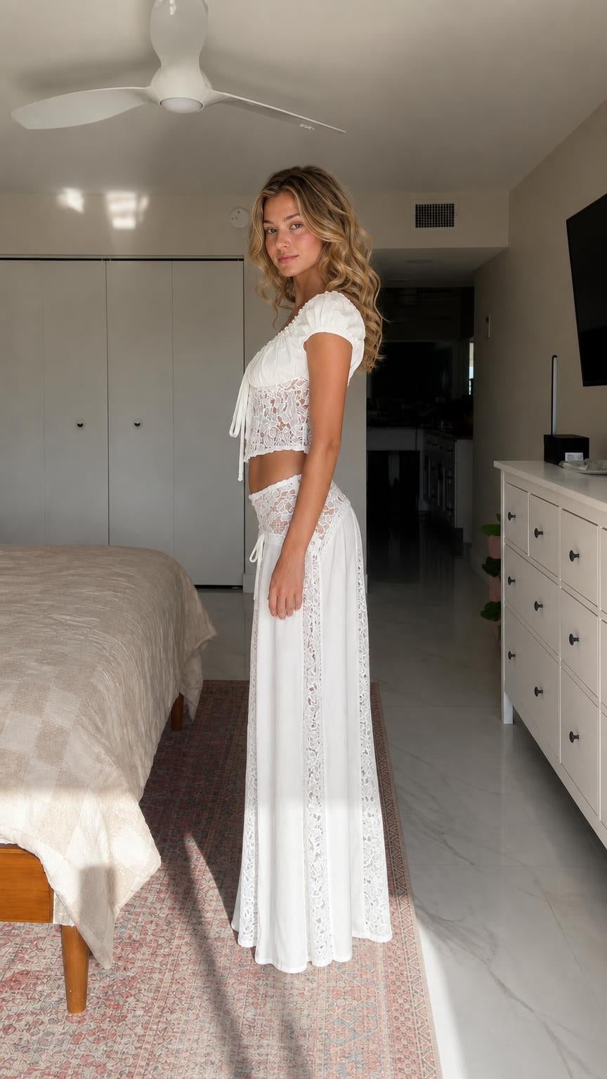 Boho Lace Trim Two-Piece Crop Top and Maxi Skirt Set - ryffhq