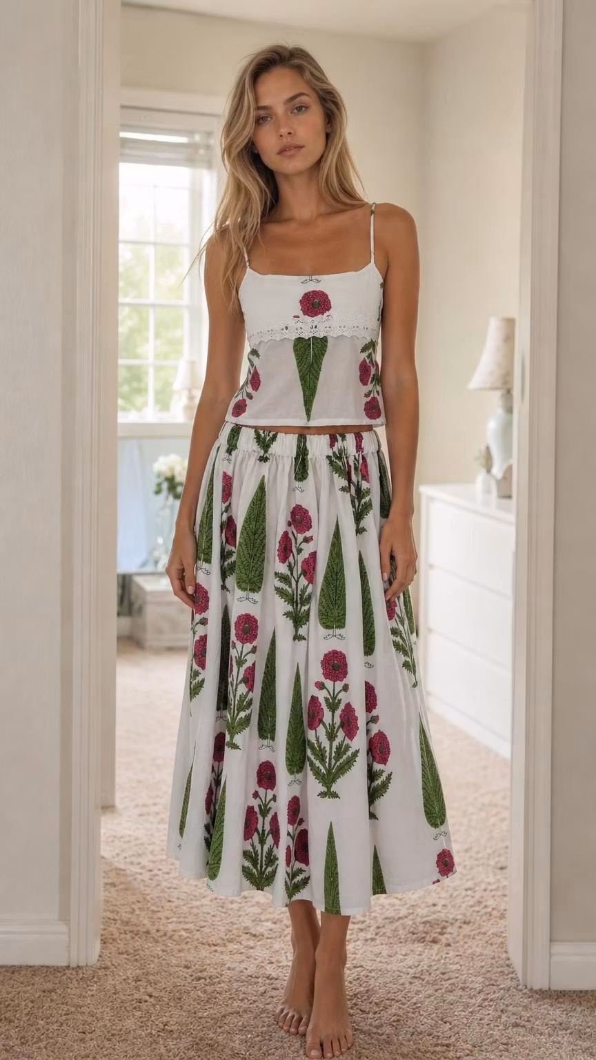 Floral Print Cami Top And Midi Skirt Two-Piece Set - ryffhq