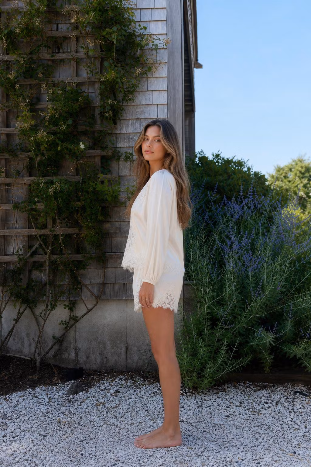 Lace Trim Long Sleeve Top And Shorts Lounge Set - ryffhq