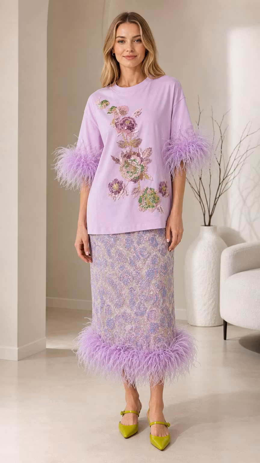 Sequin Floral Applique Feather Trim Top & Skirt Co-Ord Set - ryffhq