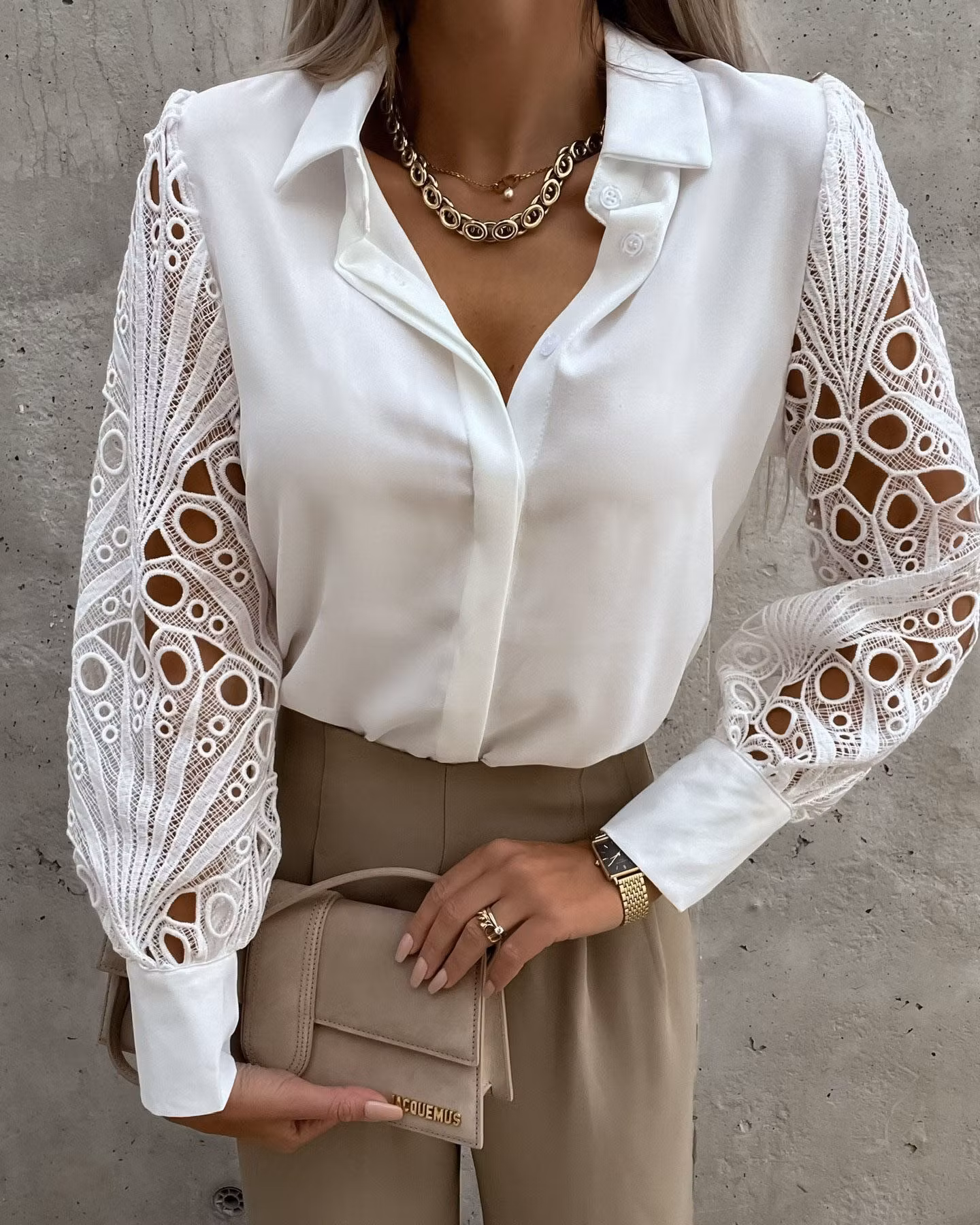 Solid Color Lace Panel Shirt Shirt - ryffhq