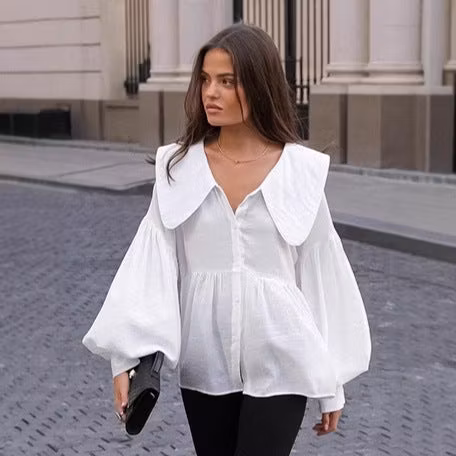 White Doll-Collar Shirt With Lantern Sleeves - ryffhq