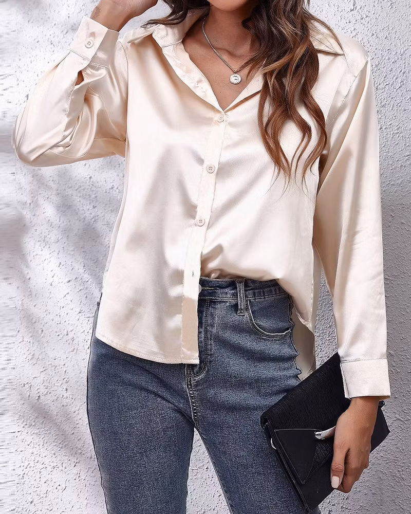 Solid Color Lapel Long Sleeve Shirt - ryffhq